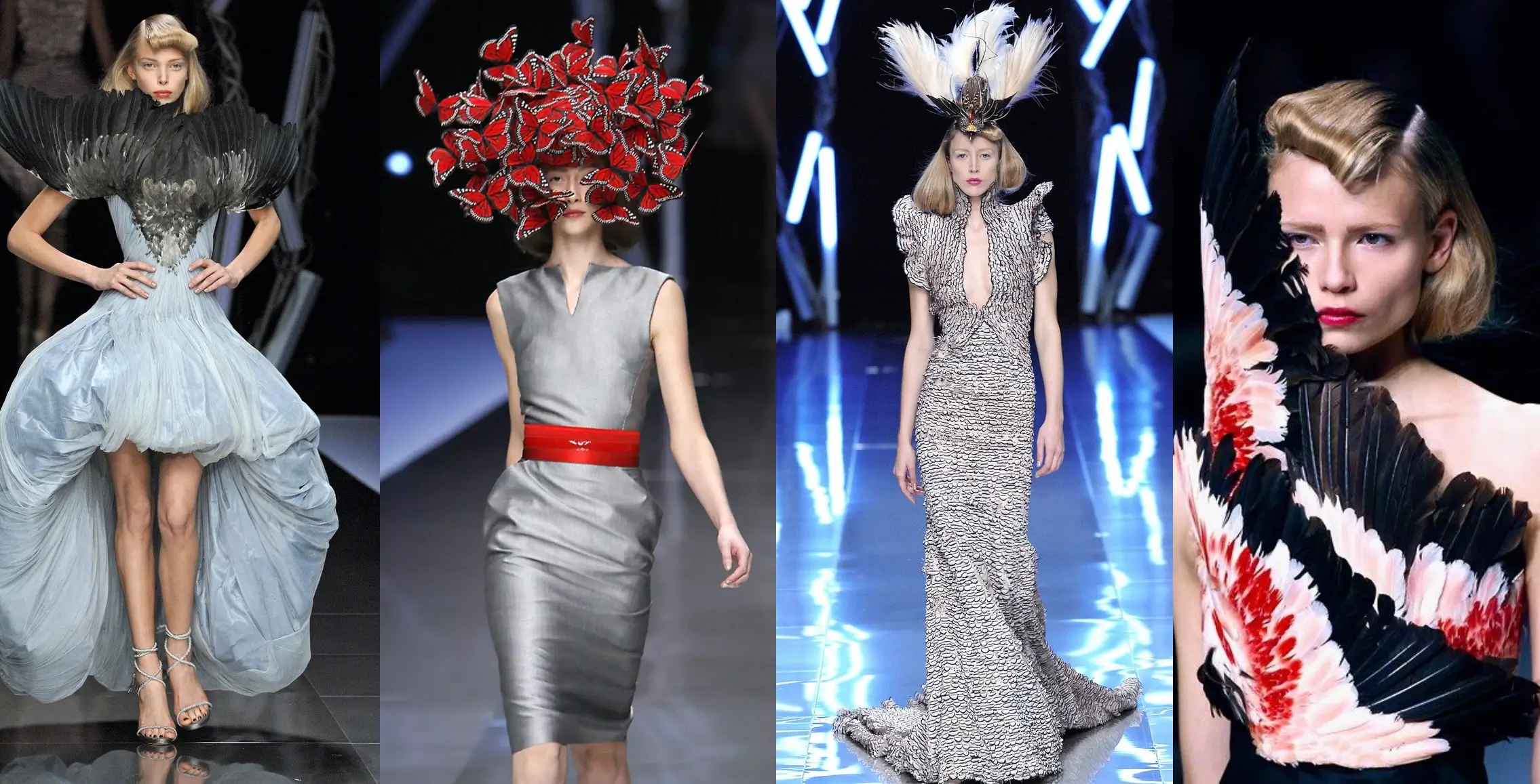 Four runway looks showcasing avant-garde couture inspired by birds and nature, featuring sculptural feathered garments, dramatic butterfly headpieces, and elaborate haute couture craftsmanship.