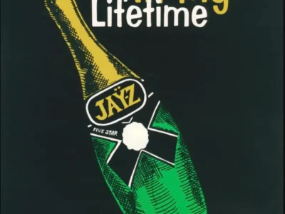 Vintage-style promotional graphic featuring a green Jay'z Five Star champagne bottle on a black background with the headline "In My Lifetime" in white and yellow letter