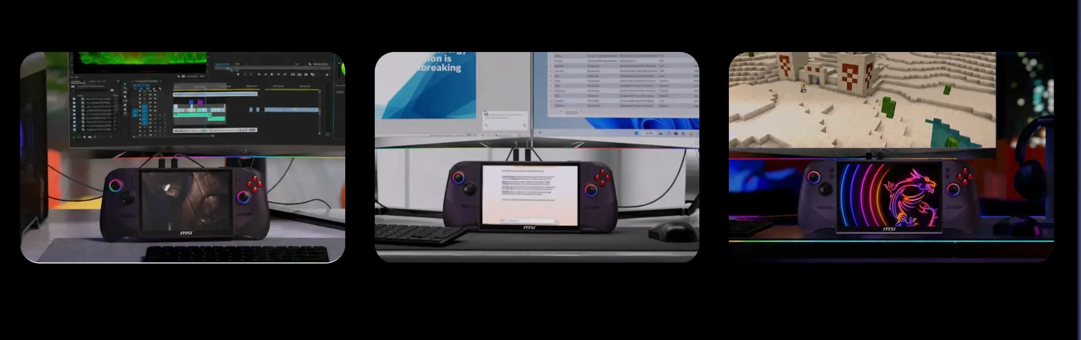 Three side-by-side images show a purple handheld gaming PC connected to external monitors for video editing, office productivity, and gaming with RGB lighting.