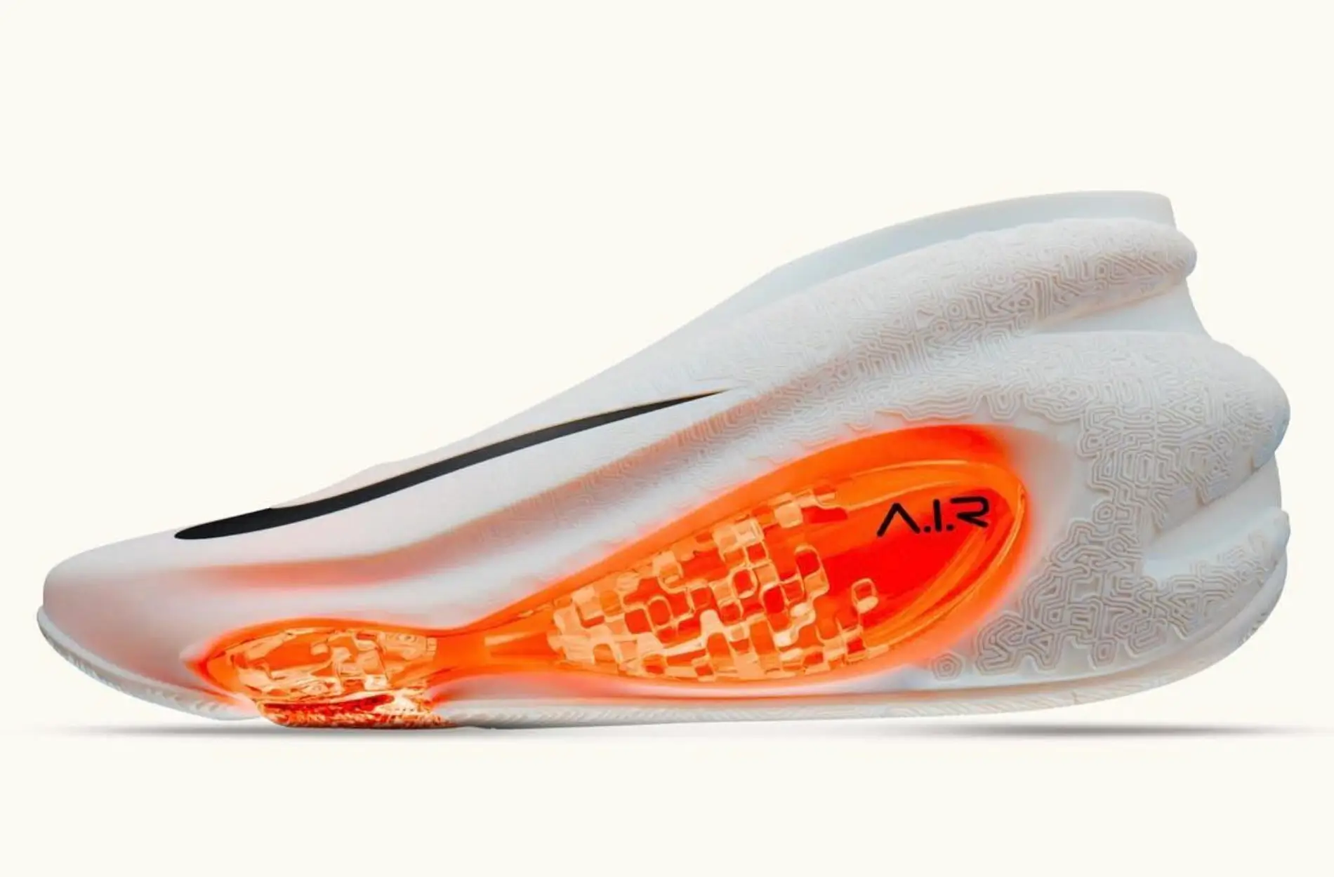 White futuristic Nike basketball shoe featuring a sculpted one-piece upper, black Swoosh, and exposed glowing orange Air cushioning window along the midsole.