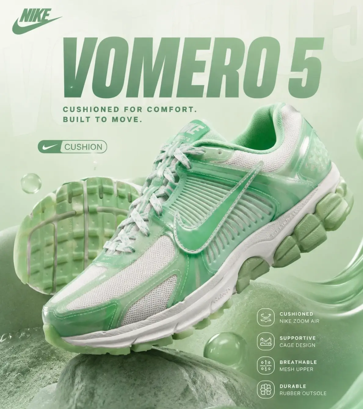 Promotional artwork featuring the mint green Nike Vomero 5 floating above sculpted stones with translucent gel-like waves, highlighting its glossy overlays, breathable mesh upper, and segmented cushioned sole.