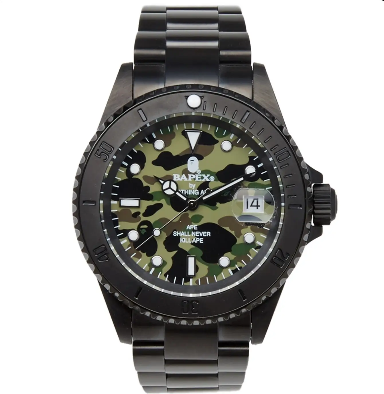 Black BAPEX watch featuring a green camouflage dial, black bezel, luminous markers, and magnified date window.