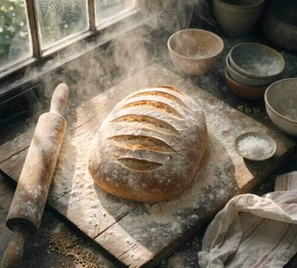 Rustic artisan sourdough loaf dusted with flour on a wooden board beside a rolling pin, with steam rising near a sunlit kitchen window.