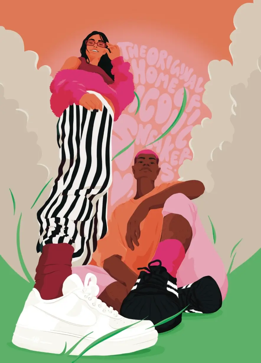 Colorful illustration of two people posing in bold streetwear and oversized footwear.