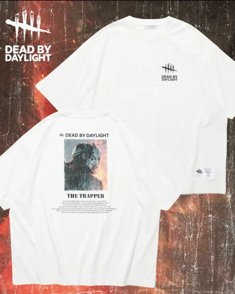 White Dead by Daylight Tee shown front and back, featuring The Trapper graphic