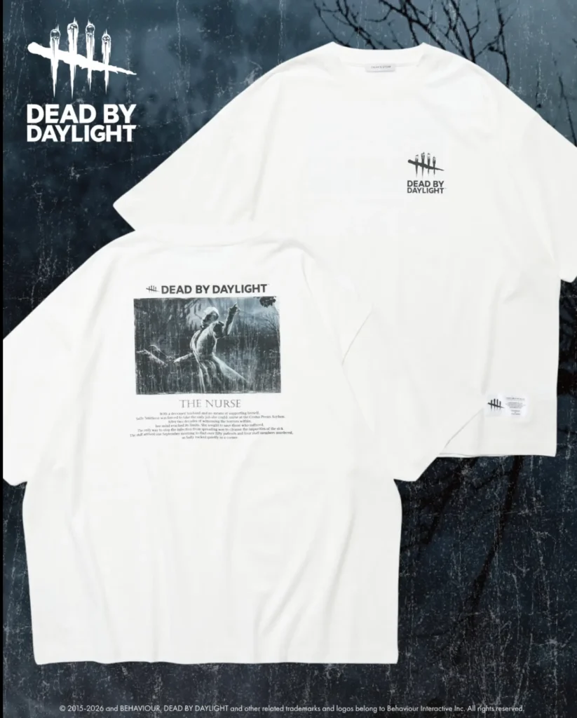 White Dead by Daylight Tee shown front and back, featuring The Nurse graphic