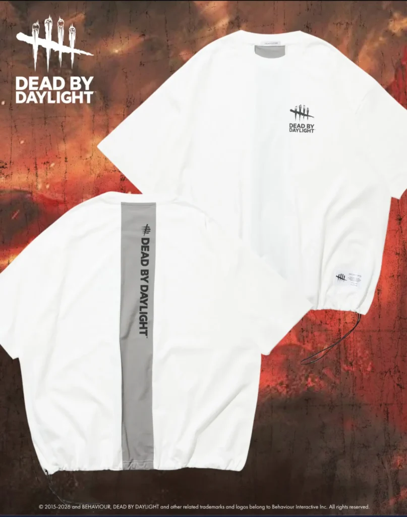 White Dead by Daylight Tee shown front and back with a vertical gray logo stripe