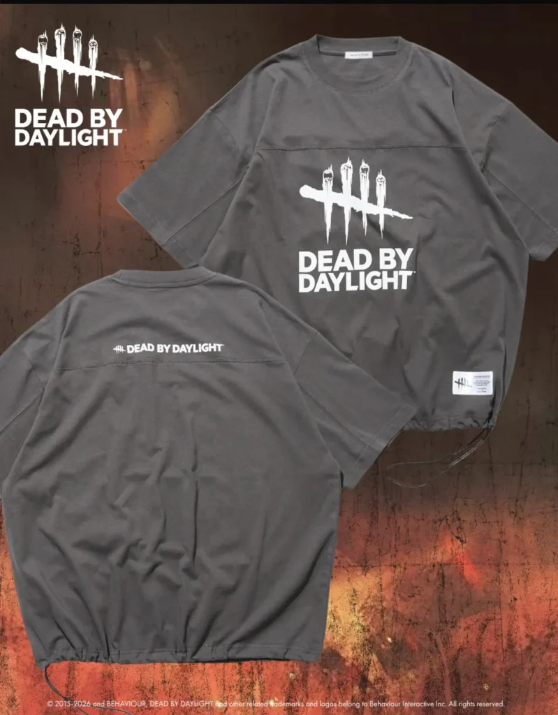 Gray Dead by Daylight T-shirt shown front and back with oversized logo graphic