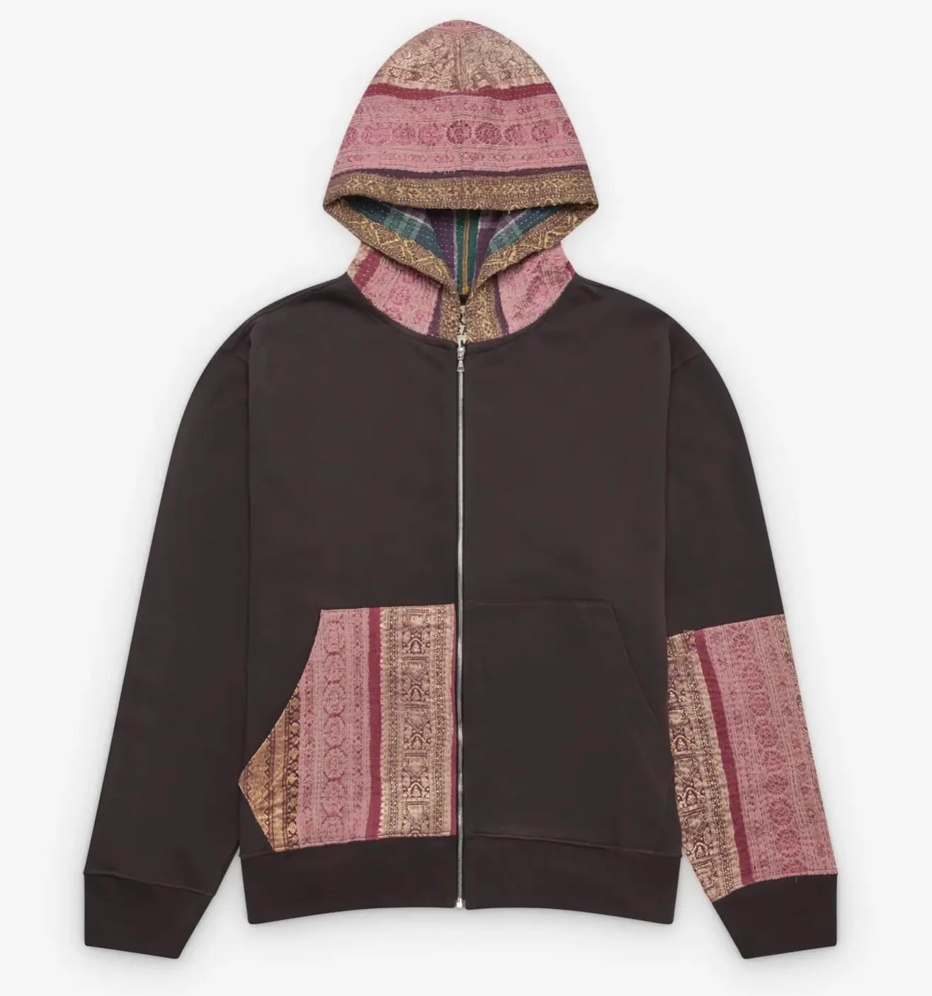 Dark zip-up hoodie with pink and gold woven textile panels on the hood, pocket, and sleeve.