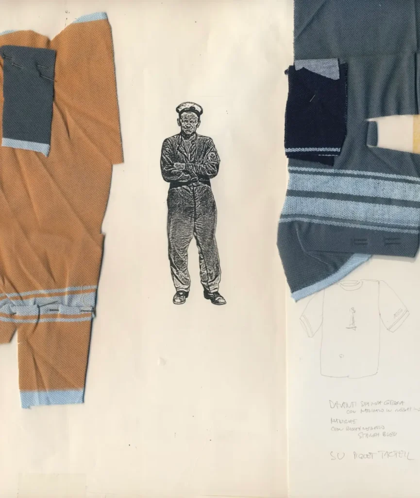 C.P. Company design archive page featuring fabric swatches, a black-and-white figure illustration and a hand-drawn garment concept