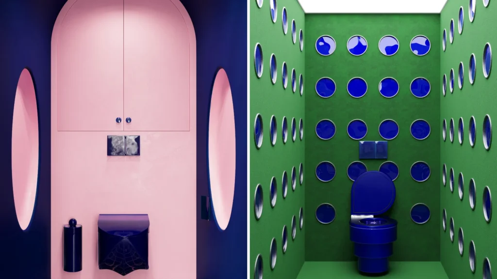 Split-view of two colorful restroom concepts: one with pink cabinetry and navy walls, the other with green walls patterned with circular blue insets and a matching blue toilet