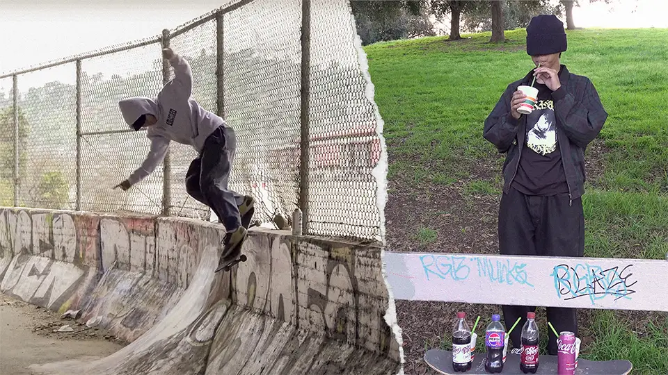 Split scene shows a skateboarder grinding a concrete ramp and a person in black drinking beside a grassy slope