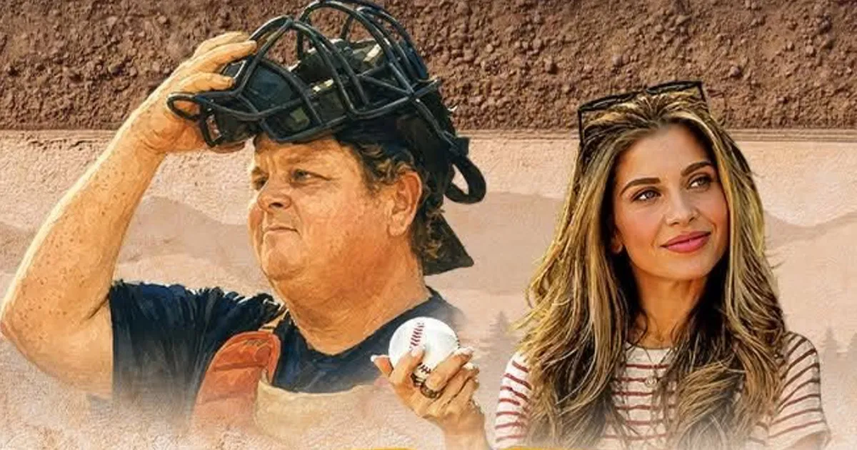 Patrick Renna lifts a catcher's mask and holds a baseball beside Danielle Fishel in a Dugout Dads promo still.