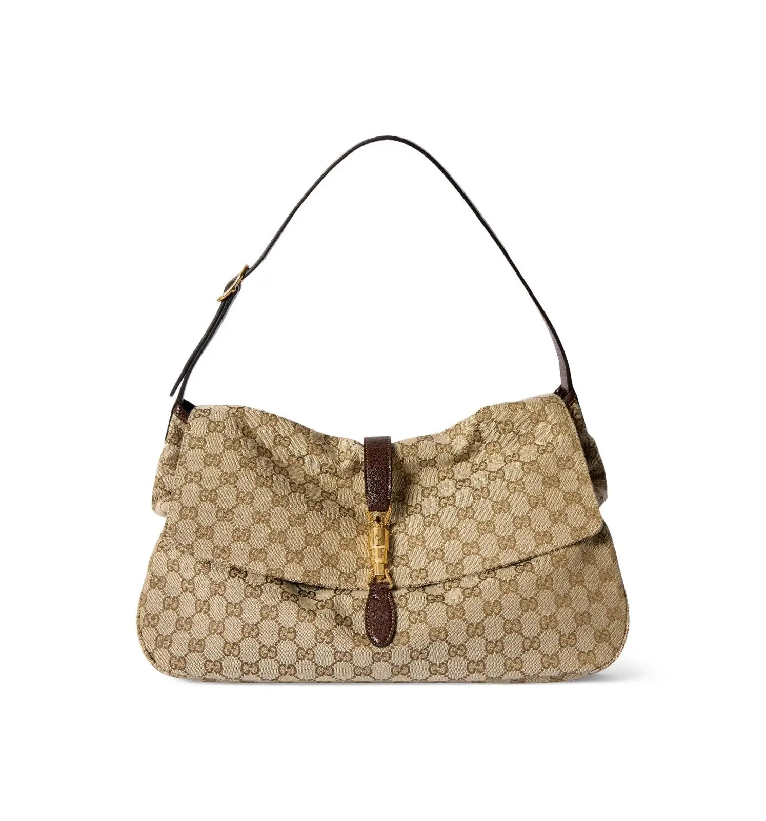 Beige Gucci Monogram Canvas Shoulder Bag With Brown Leather Trim And Gold-Tone Clasp