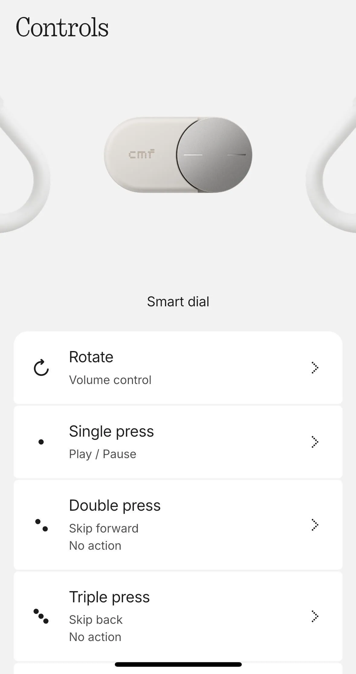 CMF Headphone Controls Interface Showing The Smart Dial With Rotate Volume Control, Single Press Play And Pause, Double Press Skip Forward, And Triple Press Skip Back Functions