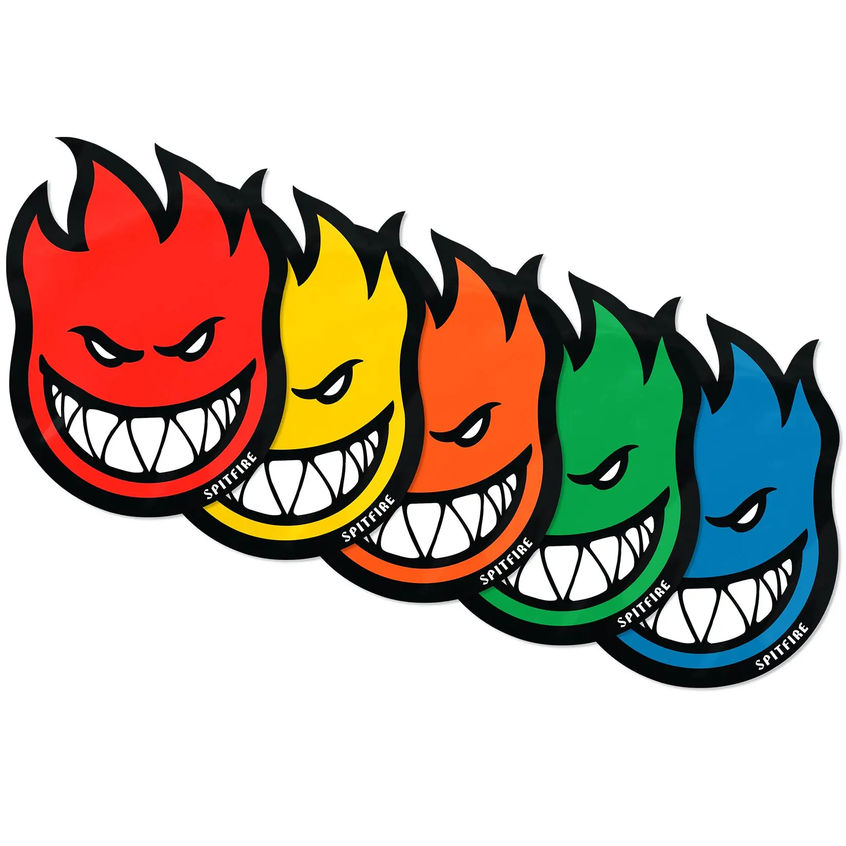 Set of five Spitfire Bighead flame logo stickers in red, yellow, orange, green, and blue, each featuring the brand's signature grinning face on a clean white background.