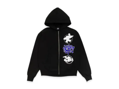 Black Stüssy Zip-Up Hoodie With White And Blue Graphic Symbols Along The Front