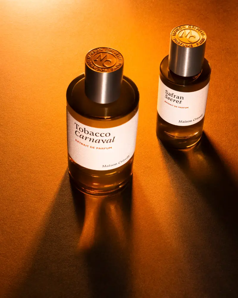 Maison Crivelli Tobacco Carnaval And Safran Secret Perfume Bottles In Golden Light