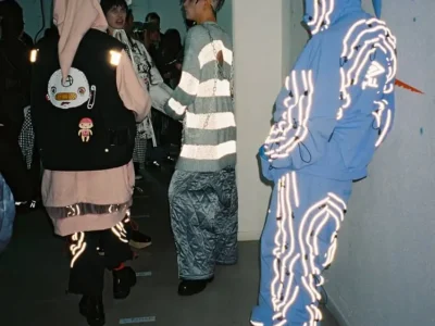 Backstage fashion scene with models wearing layered technical looks, including a bright blue hooded outfit traced with reflective