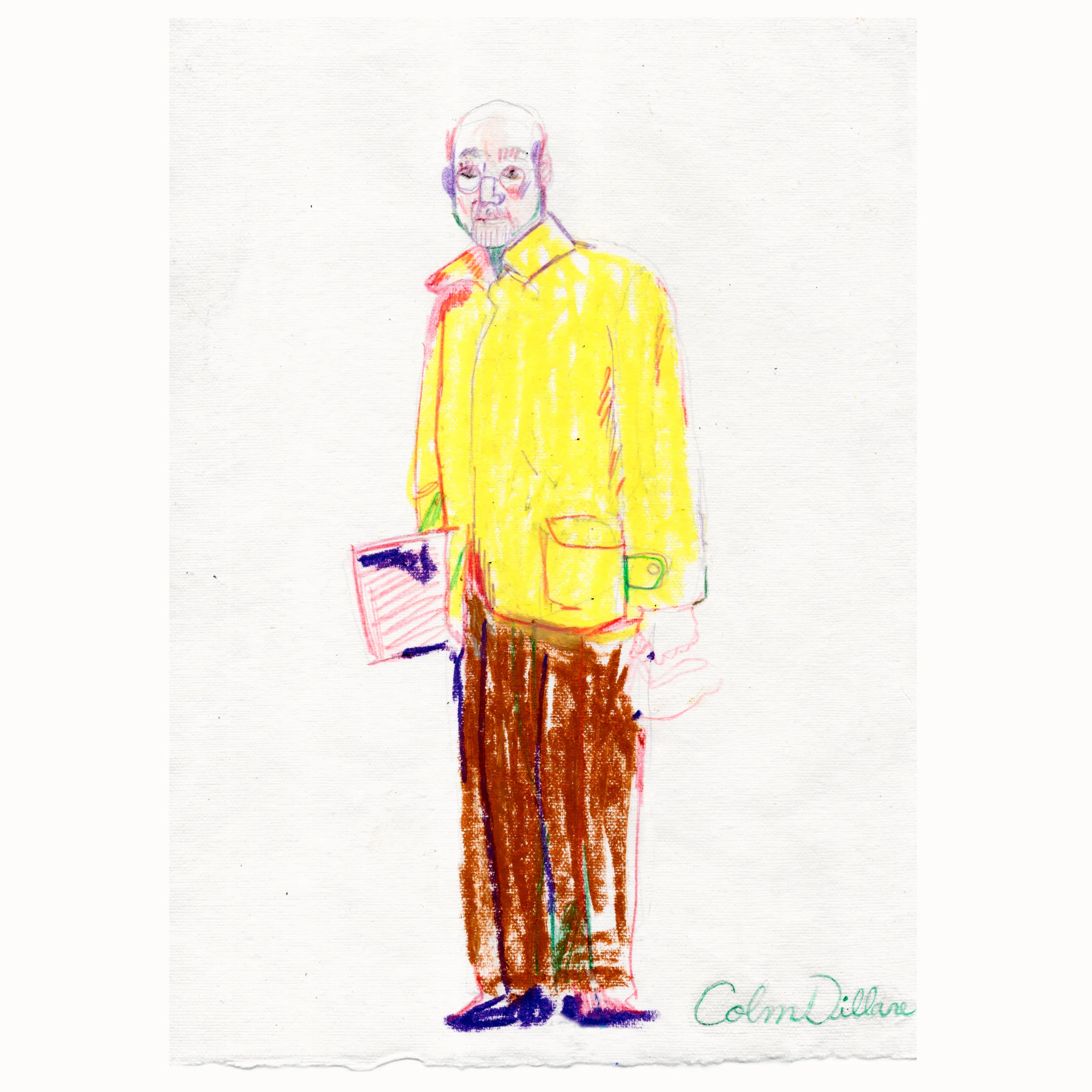 Colorful Hand-Drawn Portrait Of A Man Wearing A Bright Yellow Jacket And Brown Trousers