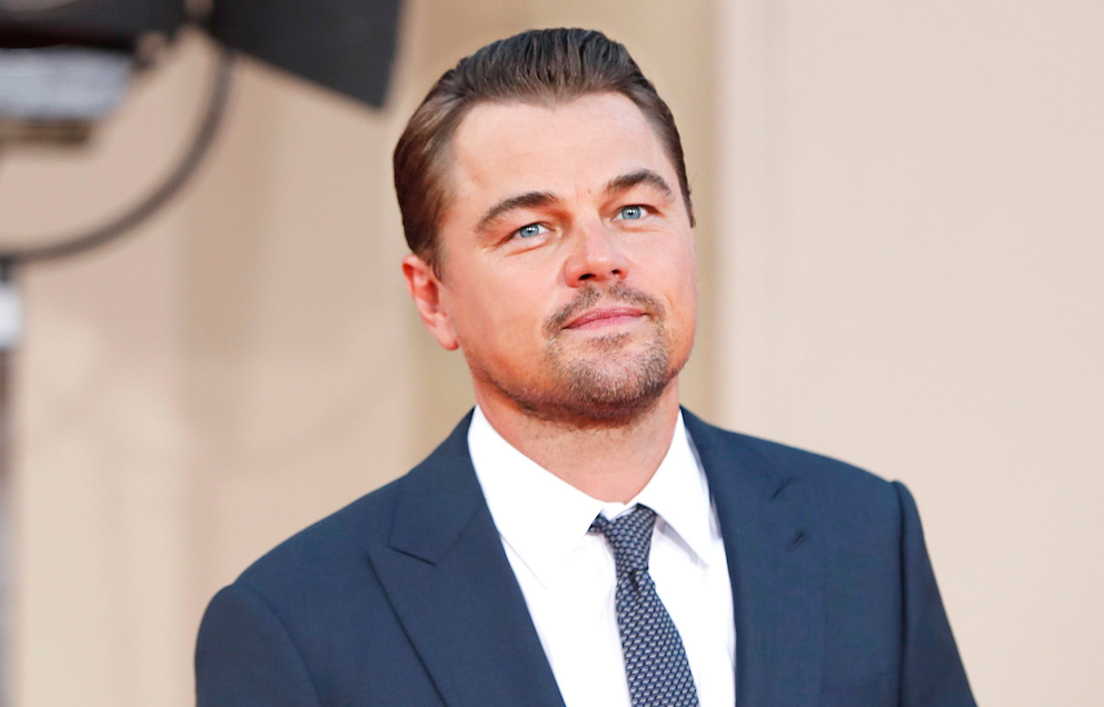 Leonardo DiCaprio smiling in a navy suit and patterned tie at a public event