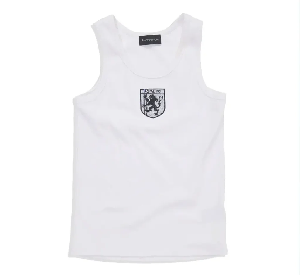 White sleeveless tank top with a minimalist Royal FC crest embroidered at the center chest and a classic athletic form