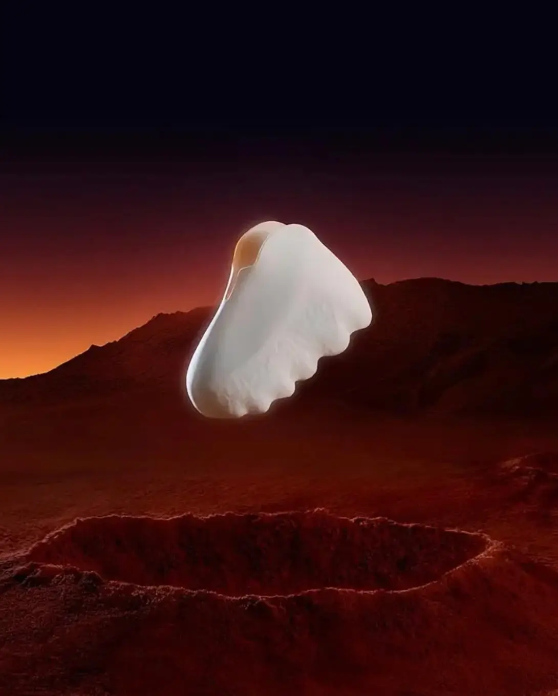 White Mars Mellow footwear floating above a crater in a surreal red planetary landscape.