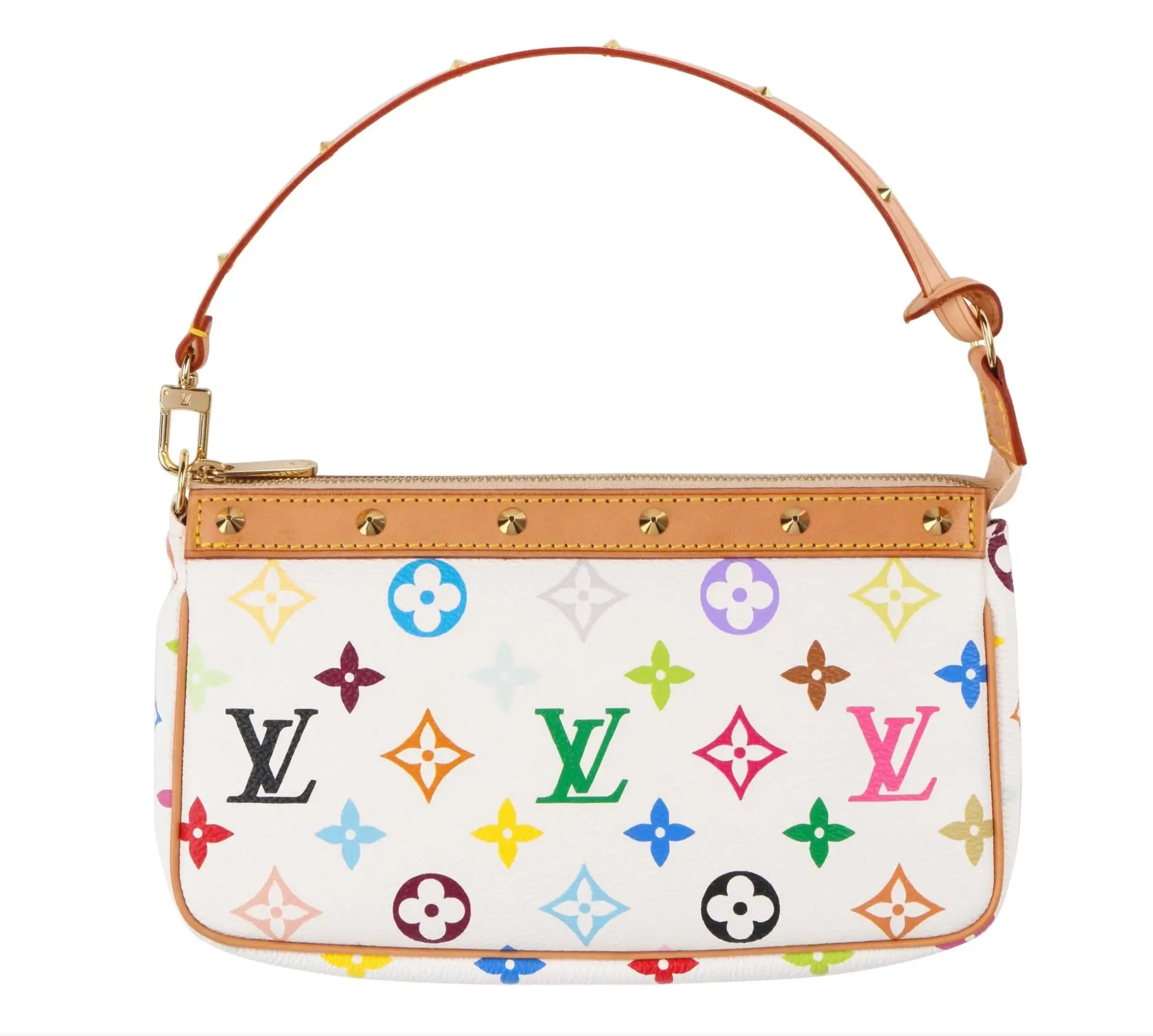 White Louis Vuitton shoulder bag featuring the multicolored Monogram pattern, natural tan leather trim, gold-tone studs and hardware, a top zipper closure, and a slim leather shoulder strap.
