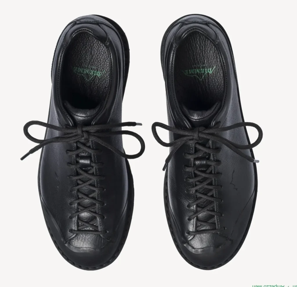 Top View Of Black Leather Lace-Up Shoes With Rubber Toe Guard
