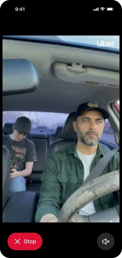 Uber ride view showing a driver at the wheel and a teen passenger in the back seat, with Stop and mute controls visible