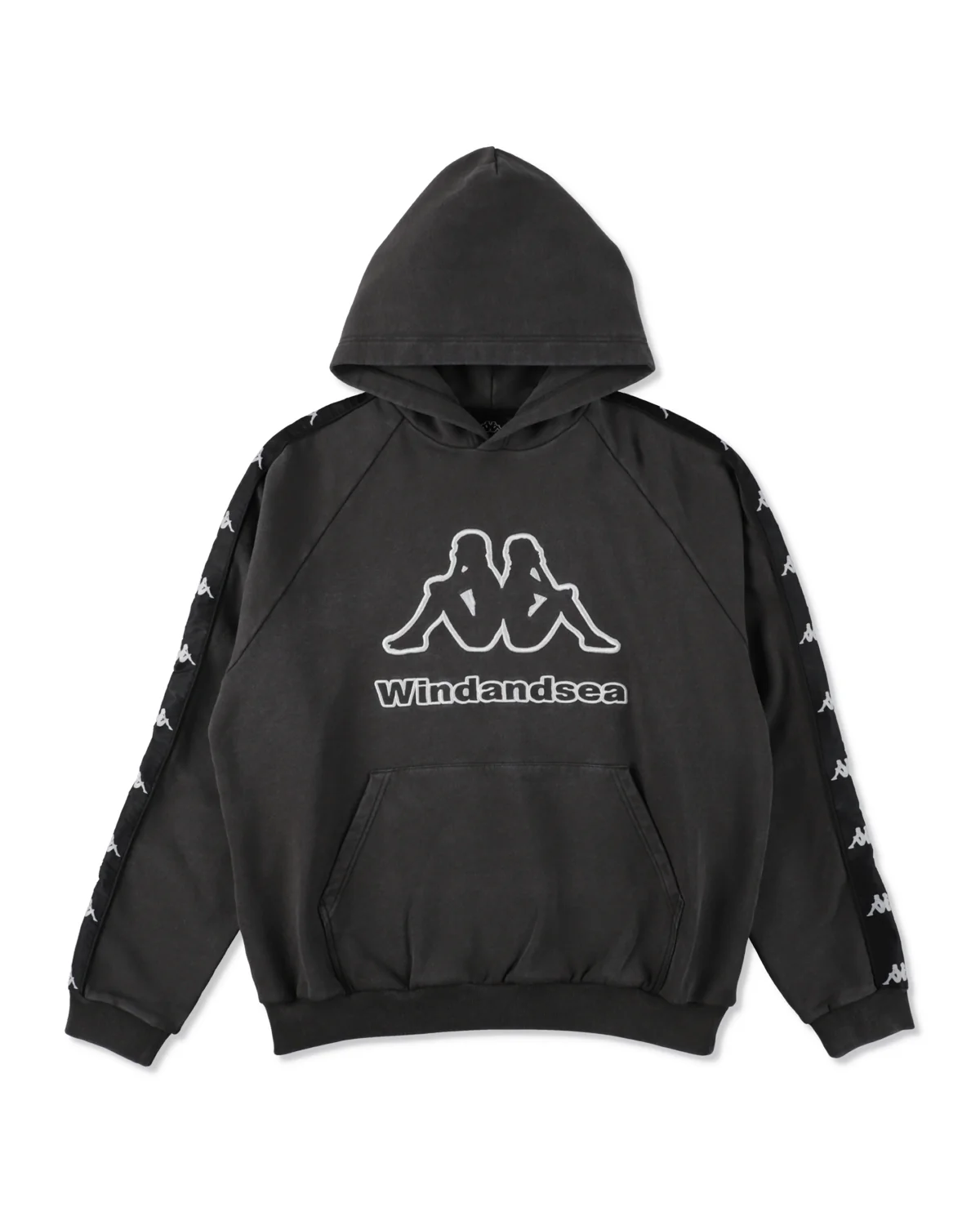 Black Wind and Sea x Kappa pullover hoodie featuring an oversized embroidered logo across the chest, Kappa logo tape running down both sleeves, and a kangaroo pocket.