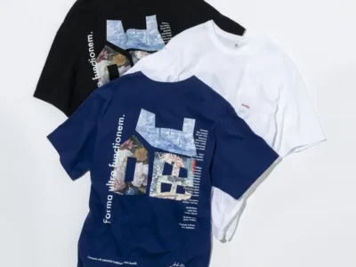 Three graphic Tee in navy, black, and white arranged flat on a light gray background. Overlaid text reads: "Forno ulteriori fonem. Formo."