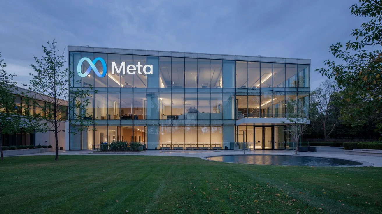 Modern glass-fronted Meta headquarters building at dusk, with the illuminated Meta logo and offices visible through the floor-to-ceiling windows.
