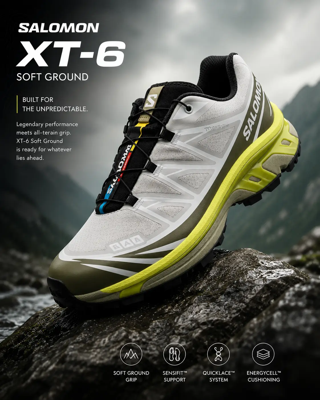 Promotional artwork featuring the Salomon XT-6 Soft Ground trail running shoe perched on wet rocks against a misty mountain landscape.