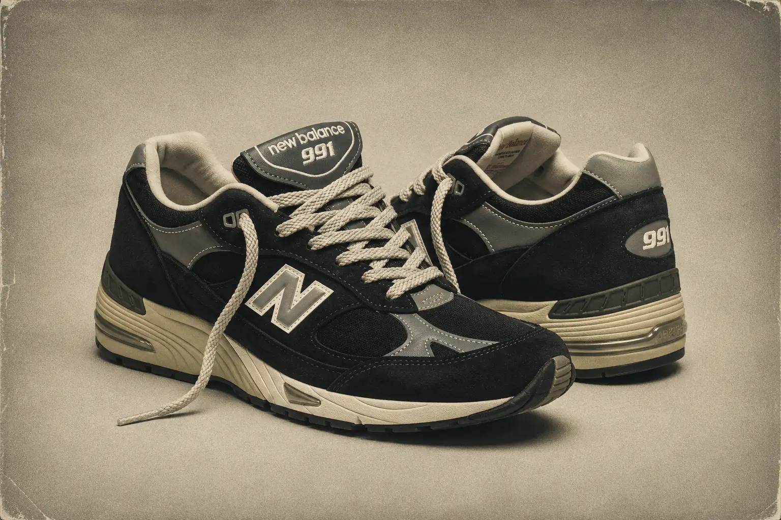 Vintage-inspired New Balance 991 sneakers in black and grey suede with cream midsoles, displayed as a pair against a softly textured neutral backdrop.