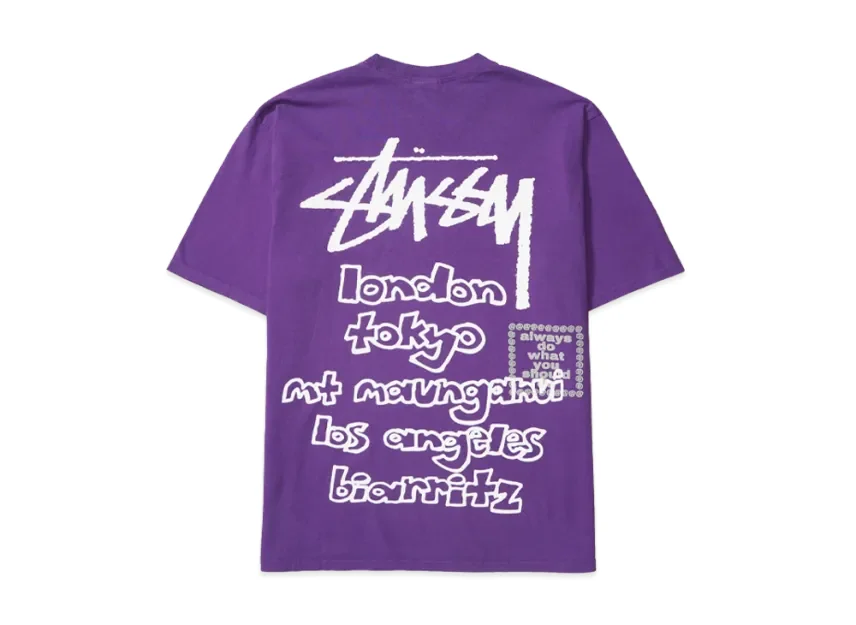 Purple Stüssy Graphic T-Shirt With City Names Printed Across The Back
