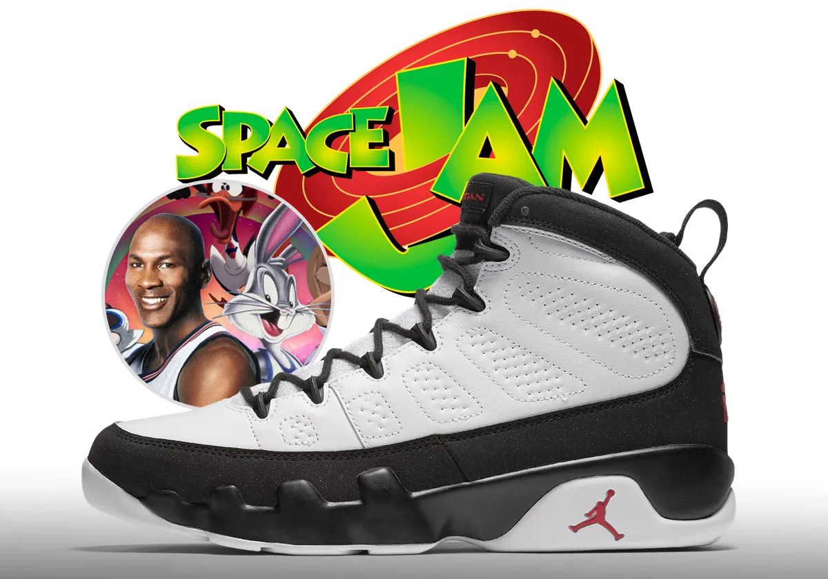 Air Jordan 9 “Space Jam” sneaker with black and white panels, red Jumpman logo, and Space Jam artwork behind it