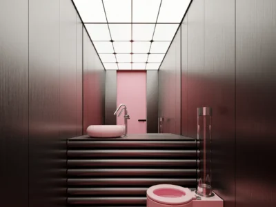 Modern powder room with matte black paneled walls, a pink floor and fixtures, a ribbed vanity, and a geometric illuminated ceiling creating a futuristic atmosphere