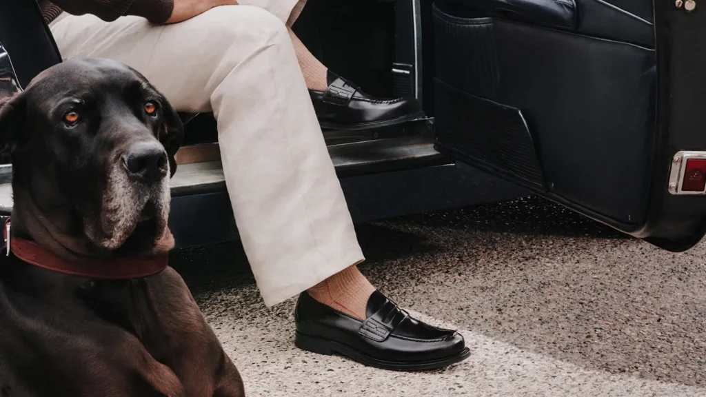 Black leather loafers worn with cream trousers beside a black dog and an open vintage convertible