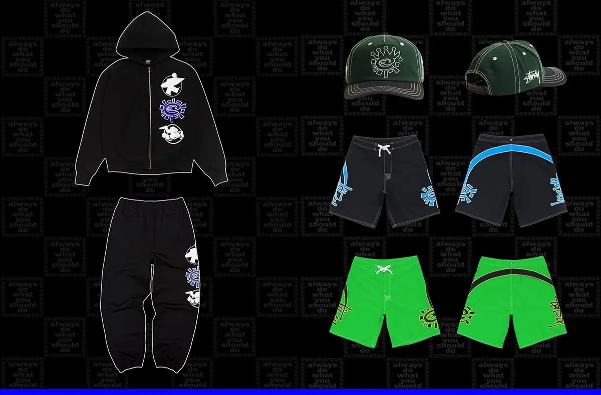 Stüssy Apparel Collection Featuring Black Hoodie, Sweatpants, Green Cap, And Graphic Board Shorts
