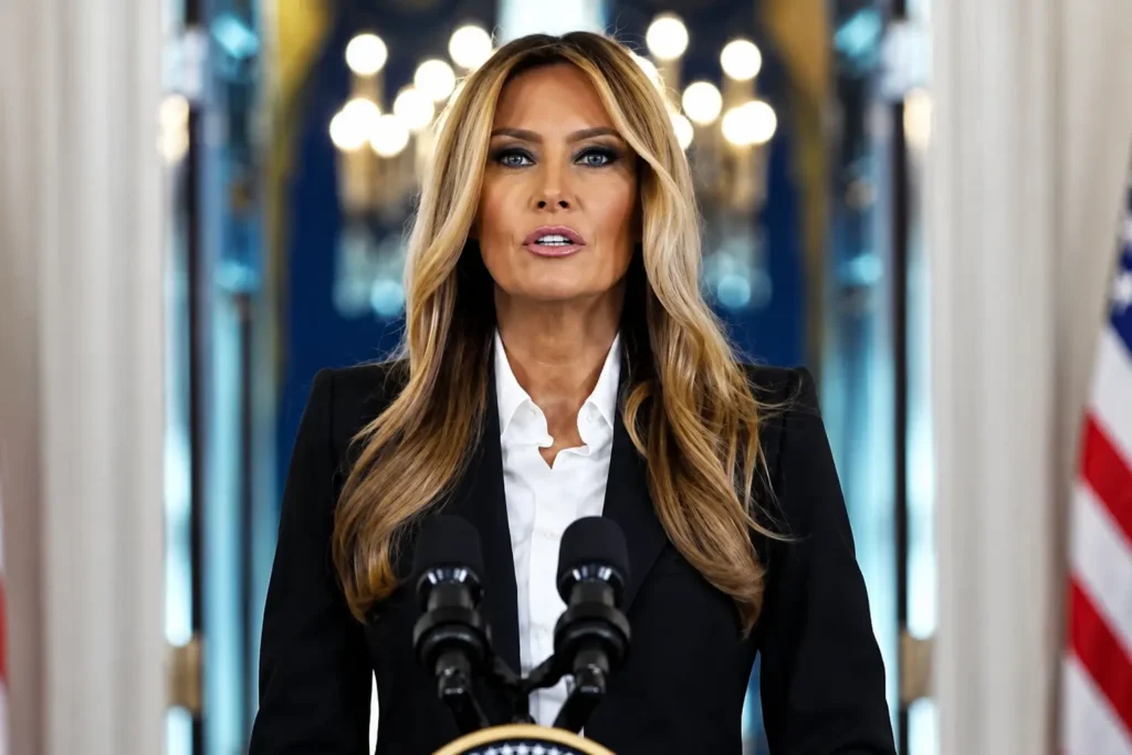 Melania Trump Standing At A Podium With Two Microphones, Wearing A Black Blazer And White Shirt In A Formal Interior With American Flags And Chandelier Lights In The Background