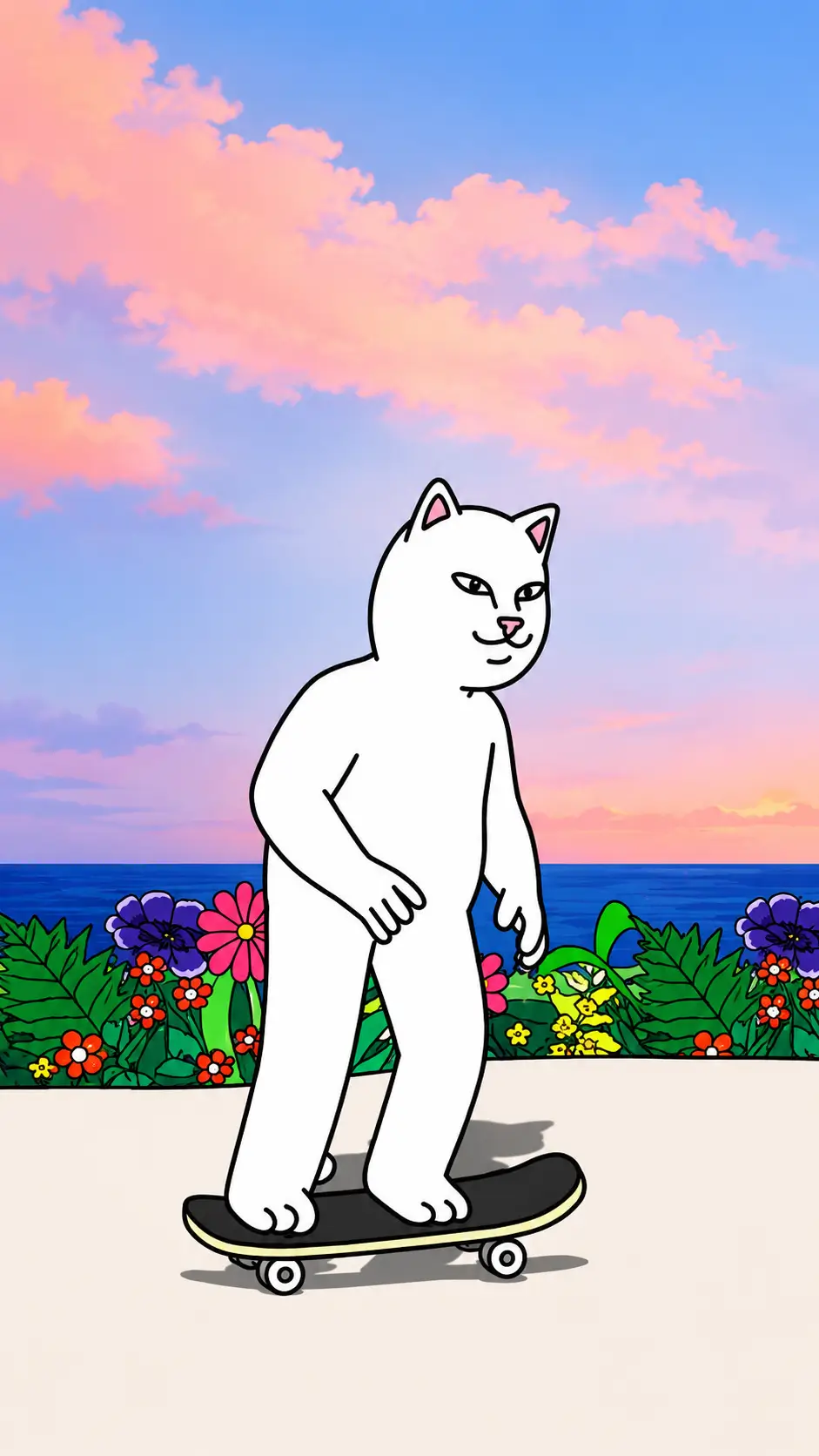RIPNDIP Lord Nermal Cat Skateboarding Along a Colorful Seaside Garden