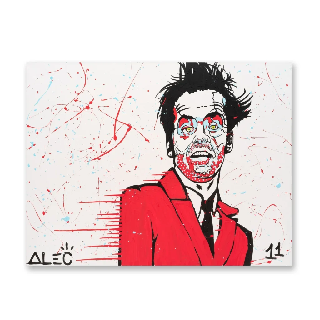 Abstract portrait painting of a man in a red suit and black tie, rendered with expressive black linework, red and pale blue accents, and scattered paint splatters across a white background