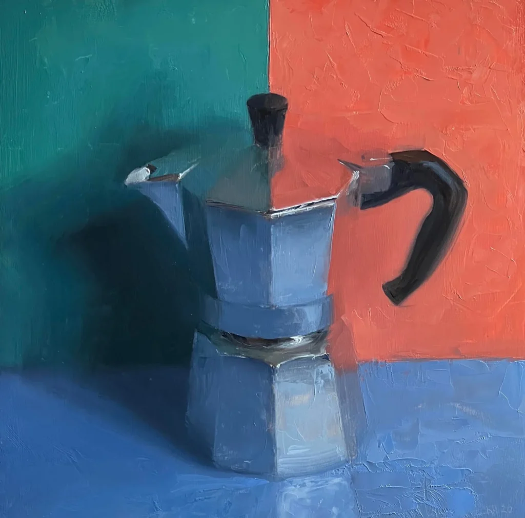 Oil painting of a metallic stovetop moka pot with a black handle, set against a bold teal, coral, and blue background with view textured brushstroke