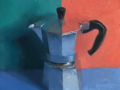 Oil painting of a metallic stovetop moka pot with a black handle, set against a bold teal, coral, and blue background with view textured brushstroke