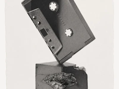 Monochrome conceptual artwork of a vintage cassette tape balancing diagonal on a cracked concrete block, render with fine graphite-like detail against an off-white texture background