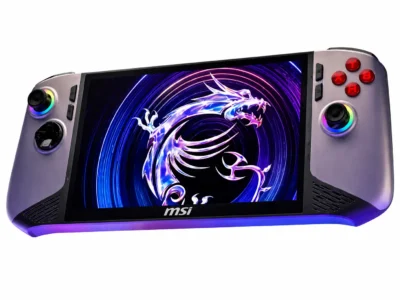 Purple MSI handheld game console with RGB-lit thumbsticks displayed on a white background, featuring a vibrant neon dragon graphic across its high-resolution screen