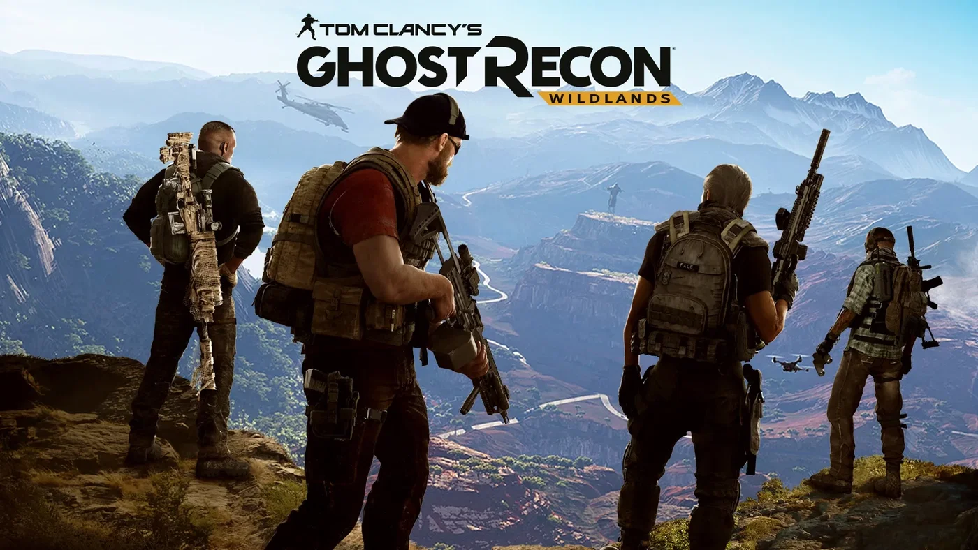 Four Ghost Recon Wildlands soldiers overlooking a vast mountainous landscape.