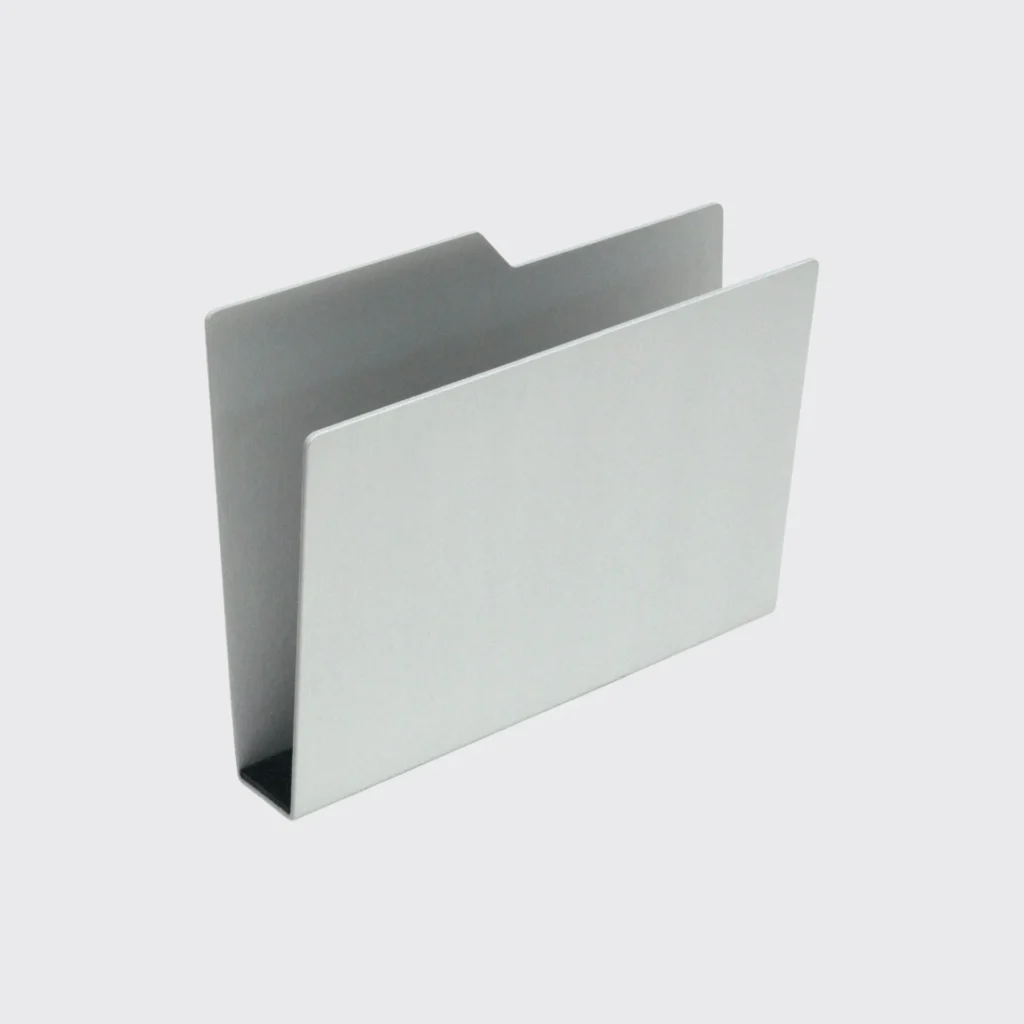 Min Silver Metal Desktop Folder Organizer Shown From An Angled Side View
