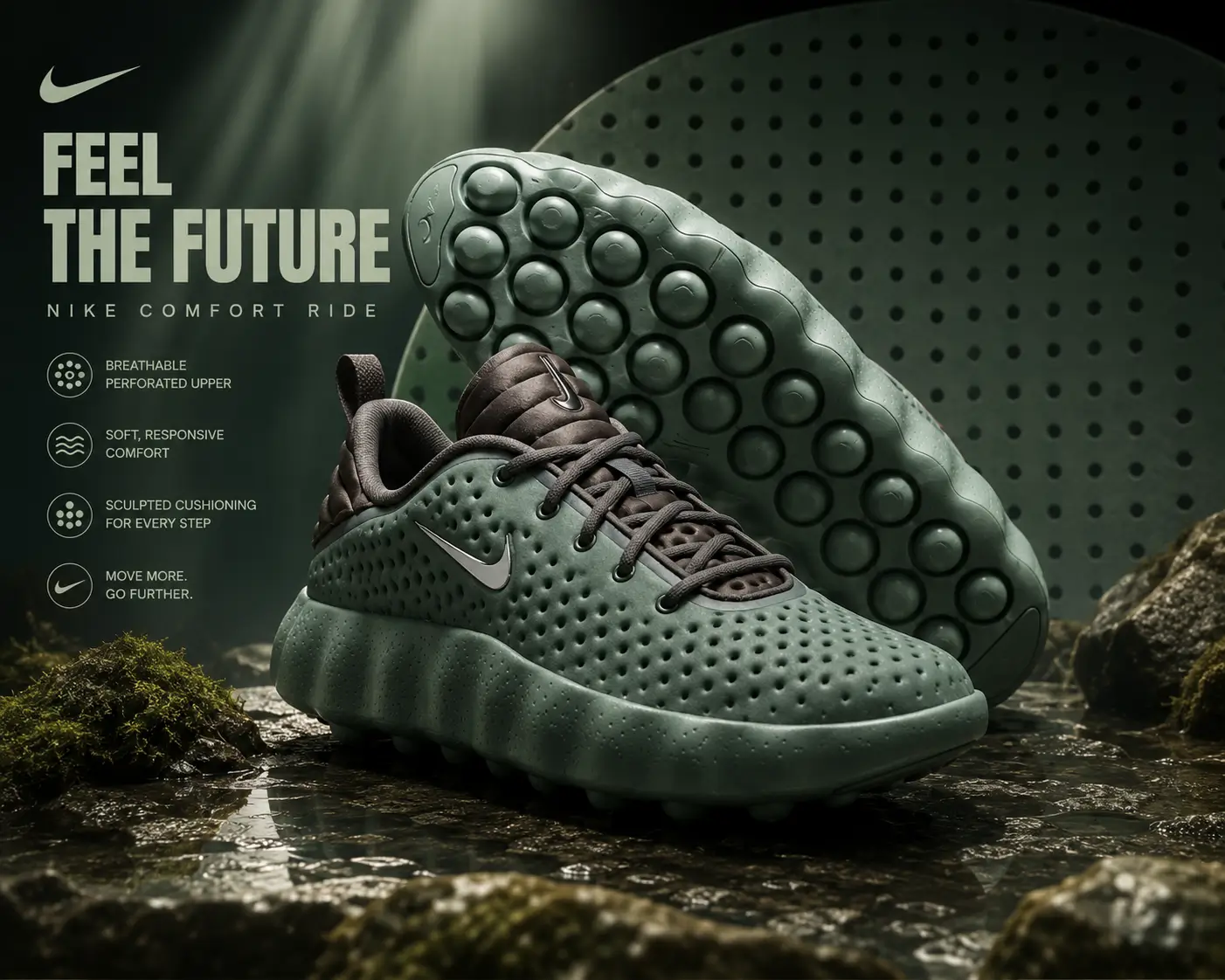 Nike Comfort Ride Green Shoe Promo With Perforated Upper, Sculpted Cushioning, Rounded Traction Pods, And Feel The Future Campaign Graphics